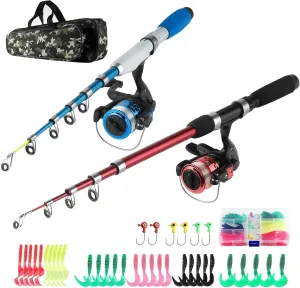 Fishing Rod Reel Combos Collapsible Fishing Rod Kit, 2PCS Telescopic Fishing Pole 2PCS Spinning Reels Lures Hooks Tackle Bag Fishing Accessories Full Combo for Kids Youth