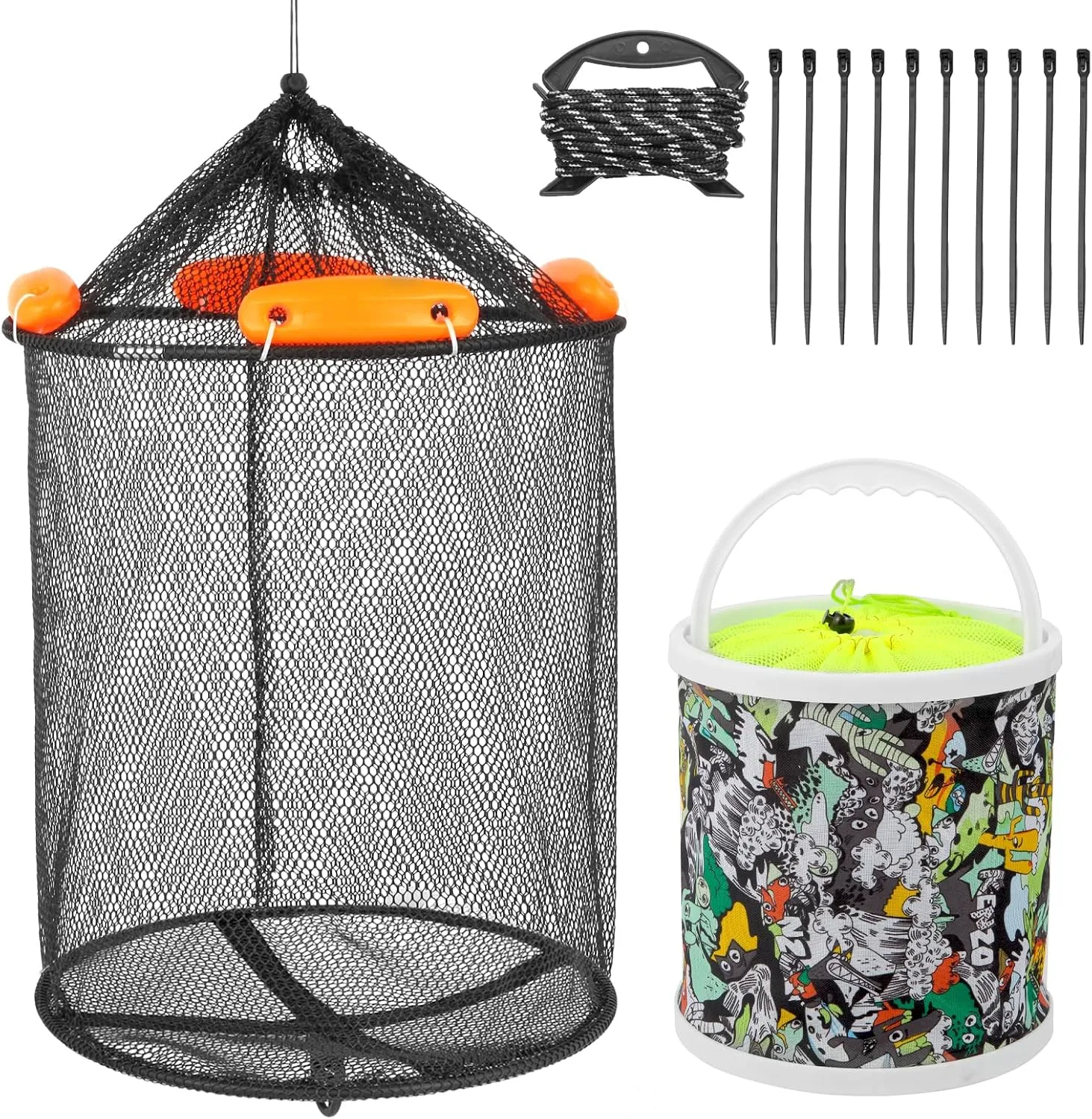 Floating Fish Basket Extra Large Foldable Fishing Basket Live Caught Fish Collapsible Mesh Bait Pen Heavy Duty Coated Fishing Net Cage with Foldable Fishing Bucket