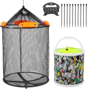 Floating Fish Basket Extra Large Foldable Fishing Basket Live Caught Fish Collapsible Mesh Bait Pen Heavy Duty Coated Fishing Net Cage with Foldable Fishing Bucket