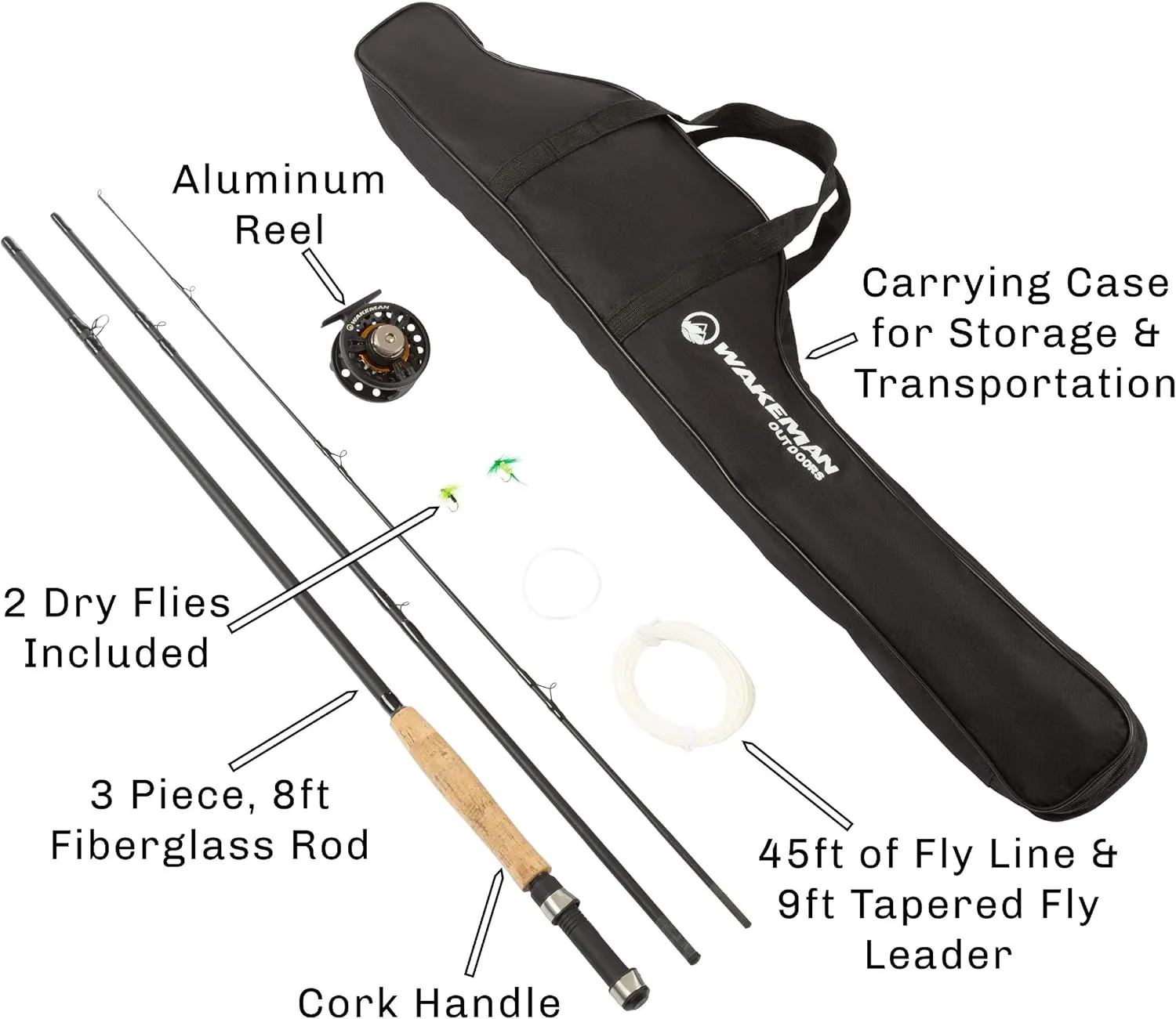 Fly Fishing Rod and Reel Combo - Including Carrying Case, Flies, and Fishing Line - Charter Series Gear and Accessories by Wakeman (Black)