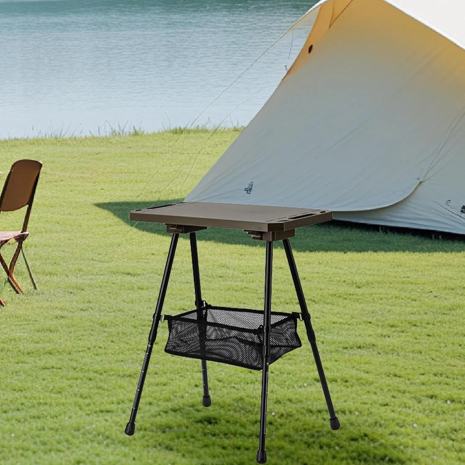 Folding Camp Table Aluminum Alloy Portable Desk with Adjustable Legs with Mesh Pocket for Party Cooking Picnic Trips Patio, Dark Green