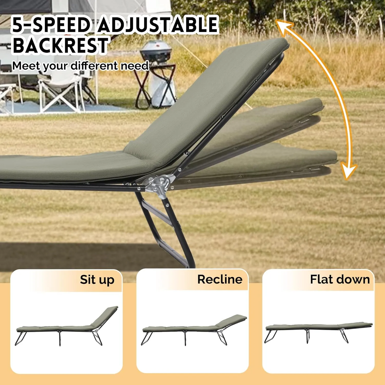 Folding Camping Cot W/Mat for Adults, 5 Position Sleeping Cot Folding Camping Cot Portable Outdoor Bed, Heavy Duty Outdoor Bed with Carry Bag for Indoor Outdoor Home Office Travel Nap