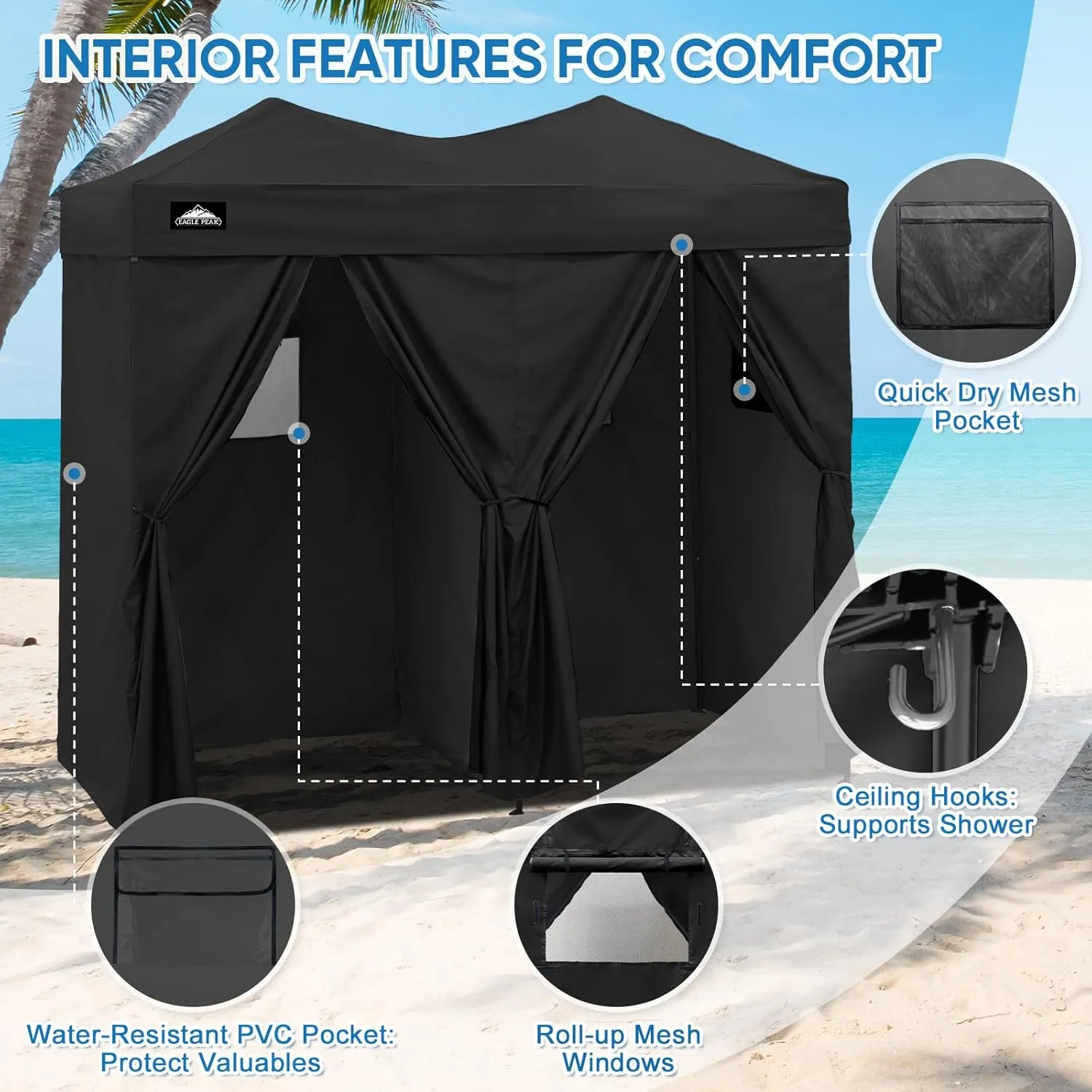 for Up Changing PEAK or Pop 2 Tent Beach Portable Room, EAGLE Pop Room Changing Room 8x4, (Black) Changing Shelter, Impeccable Outdoor Friendly assistance Up for Room Photoshoots Pool, Sun Dressing Portable