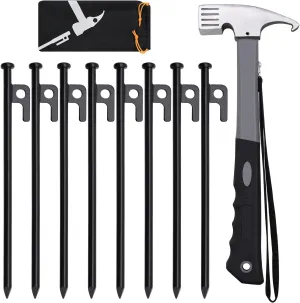 Forged Steel Tent Stakes, 8/16pcs, Heavy Duty ,10in and 12in Camping Hammer Set   Storage Pouch, Available in Rocky Place Dessert Snowfield and Grassland