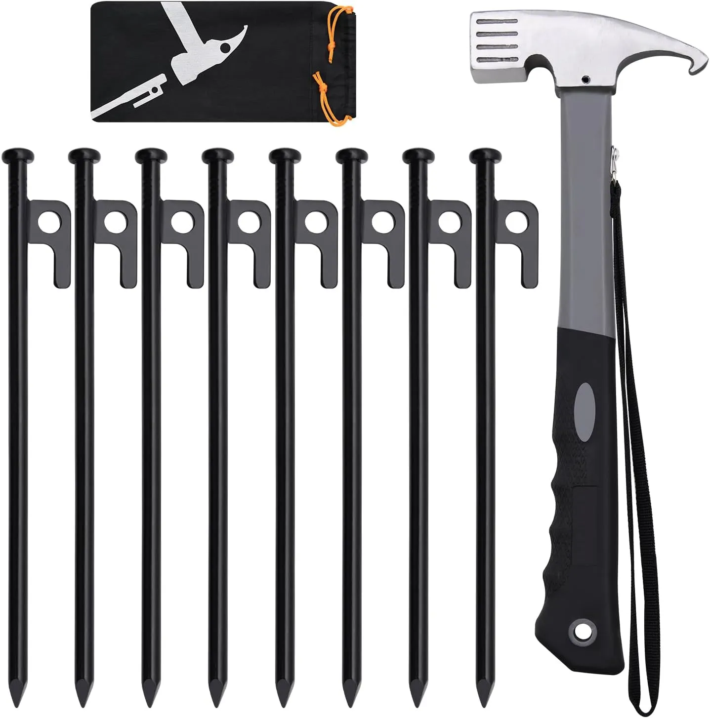 Forged Steel Tent Stakes, 8/16pcs, Heavy Duty ,10in and 12in Camping Hammer Set   Storage Pouch, Available in Rocky Place Dessert Snowfield and Grassland