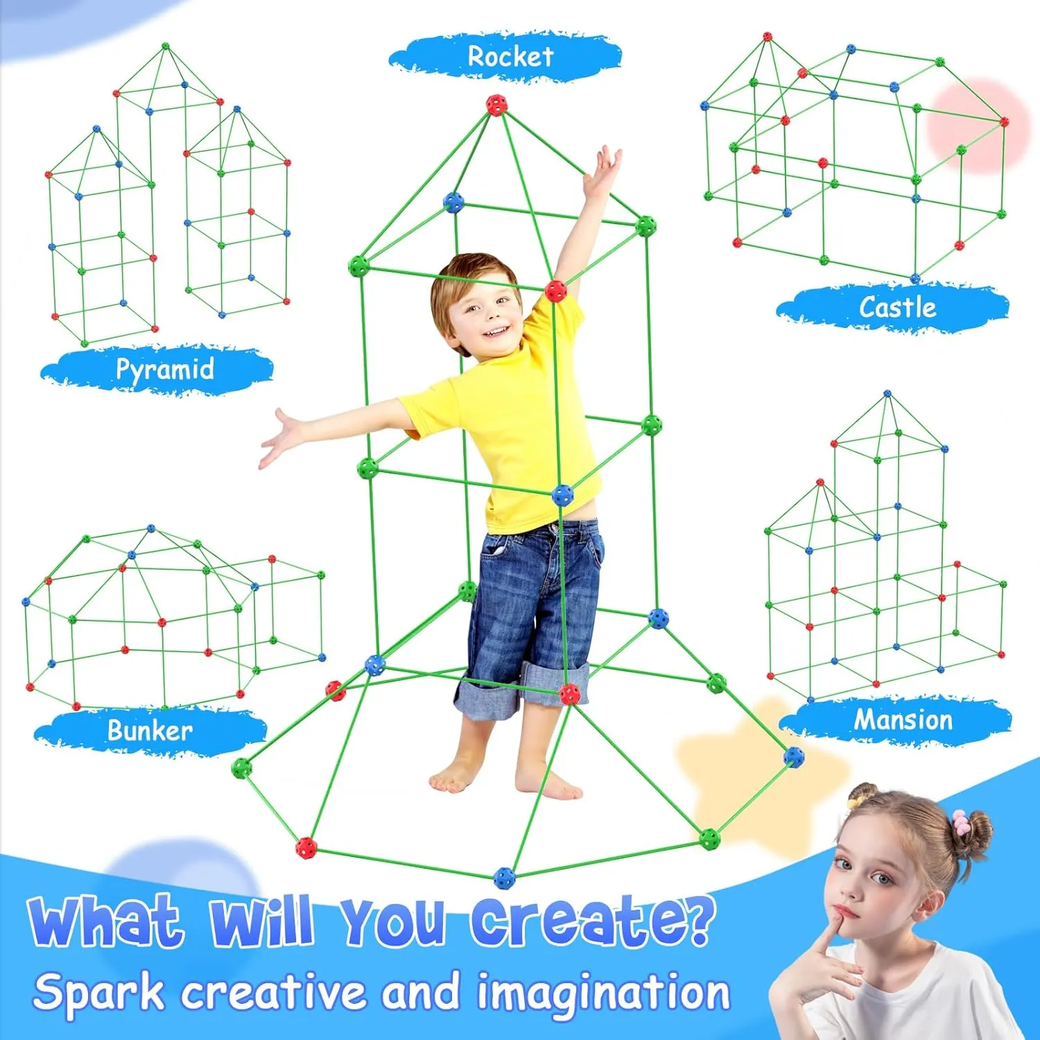 Fort Building Kit for Kids, 155 Pcs STEM Construction Toys, Educational Learning Toy Gift for 3 4 5 6 7 8 9  Years Old Boys and Girls, Kids Fort Building Set for DIY Castles, Play Tent Indoor Outdoor