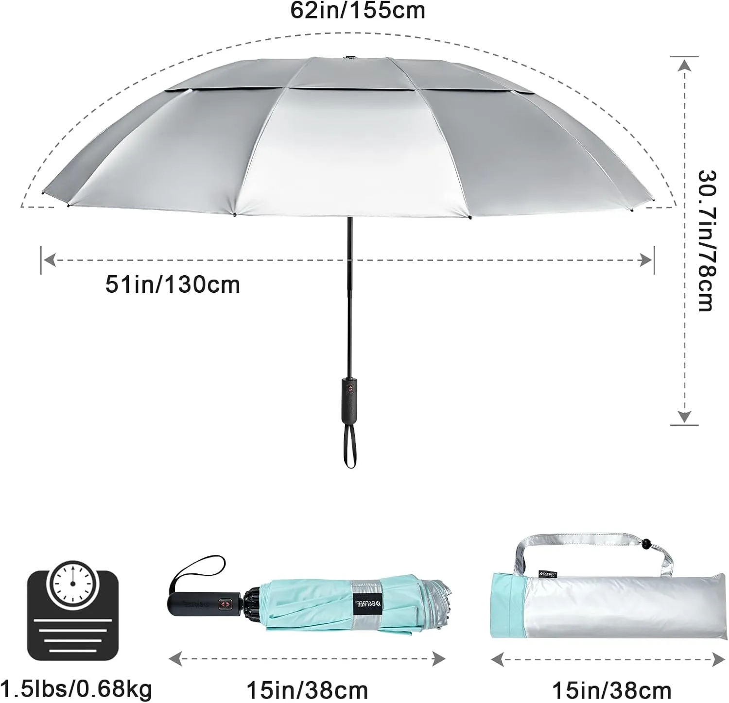 G4Free 42/46/54/62 Inch Large Golf Umbrella Compact Reverse Travel Umbrella 10 Ribs Windproof for Rain Double Canopy Automatic Open Close