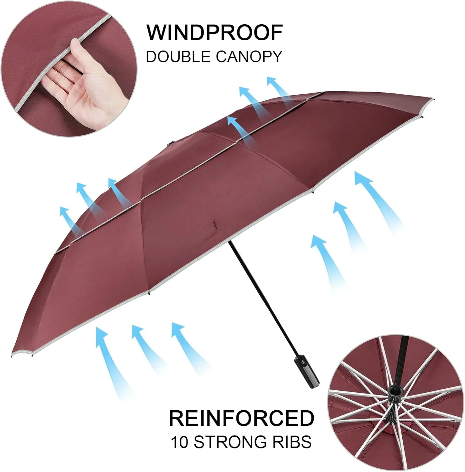 G4Free 54/62 Inch Windproof Inverted Umbrella with Reflective Stripe Large Compact Reverse Golf Umbrella for Rain 10 Ribs Double Canopy Travel Umbrella Automatic Open Close