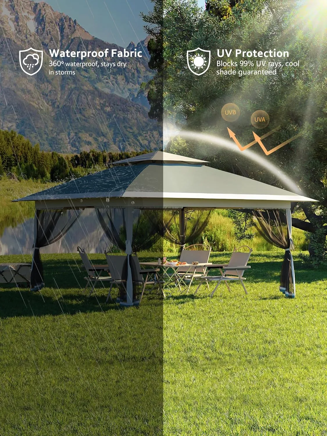 Garvee 13x13FT Pop Up Gazebo, Canopy Tent with Mosquito Netting,Outdoor Gazebos for Backyard & Patio Furniture - Pop Up Tent with Wheeled STO-N-Go Cover Bag (Dark Army Green Hemp Grey)