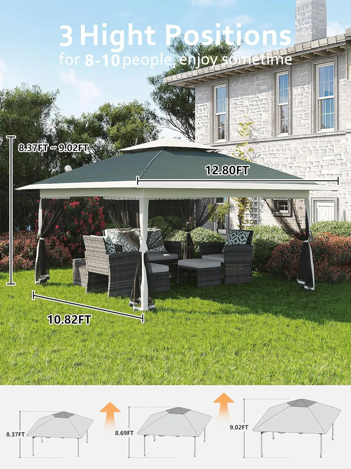 Garvee 13x13FT Pop Up Gazebo, Canopy Tent with Mosquito Netting,Outdoor Gazebos for Backyard & Patio Furniture - Pop Up Tent with Wheeled STO-N-Go Cover Bag (Dark Army Green Hemp Grey)