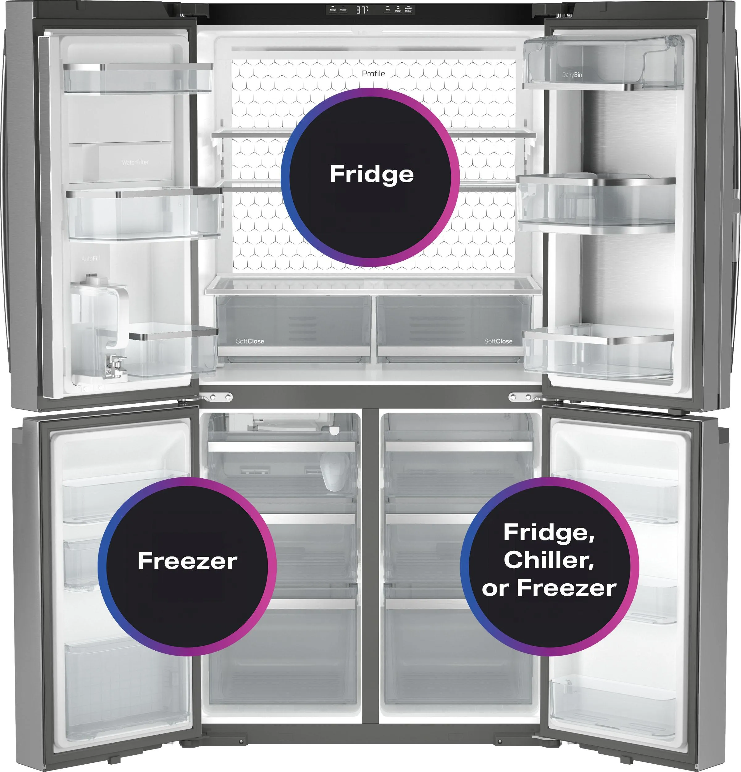 Ge Appliances PHD23BYWFS Ge Profile&#8482; Energy Star® 22.9 Cu. Ft. Counter-Depth Quad-Door Refrigerator With Dual-Dispense Autofill Pitcher And Door In Door