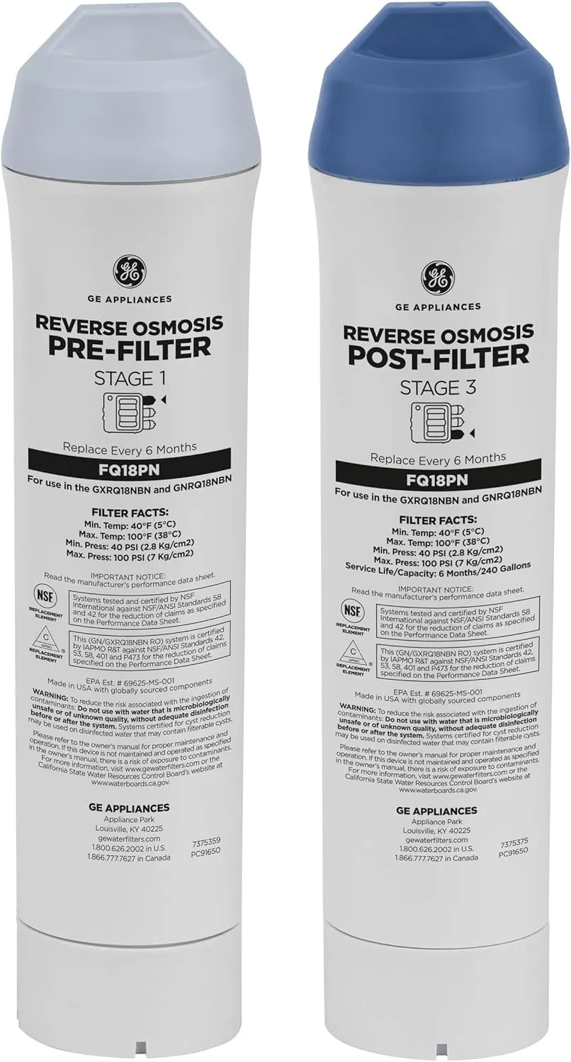 GE Pre & Post Filter Set Compatible with Select GE Under Sink Filtration Systems Including GXRQ18NBN, GNRQ18NBN, GXRV40TBN | Replace Every 6 Months | FQ18PN