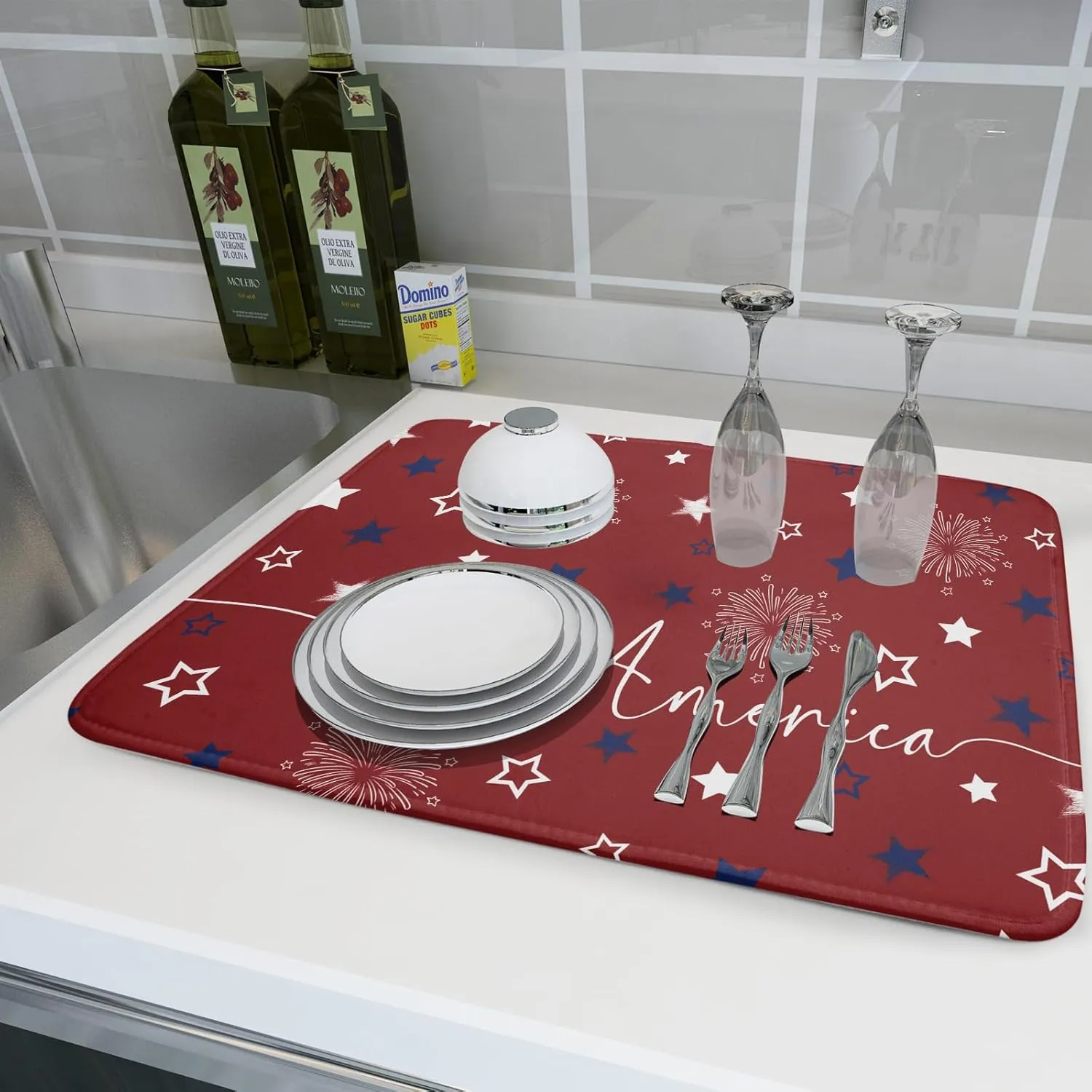 Giwawa 4th of July Dish Drying Mat 18"x24" Patriotic Usa Stars America Firework Dish Drainer Mats Independece Day Absorbent Microfiber Dish Drying Pad for Kitchen Countertop Large Decor