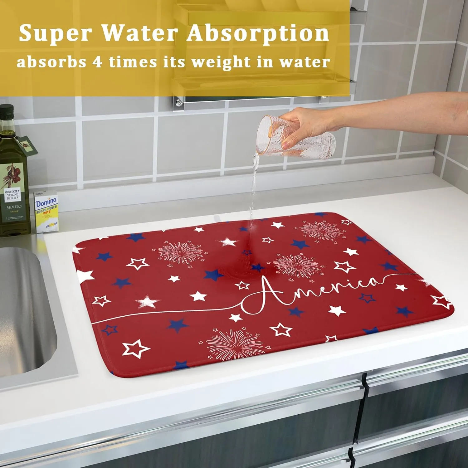 Giwawa 4th of July Dish Drying Mat 18"x24" Patriotic Usa Stars America Firework Dish Drainer Mats Independece Day Absorbent Microfiber Dish Drying Pad for Kitchen Countertop Large Decor