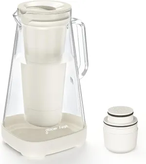 GLACIER FRESH 10 Cup Glass Water Pitcher with 1 Filter of 3X Flow Rate, Purela Glass Pitcher with 5-Stage Filtration Technology, Reduces 99% Chlorine and Improve Taste, Bpa Free, White