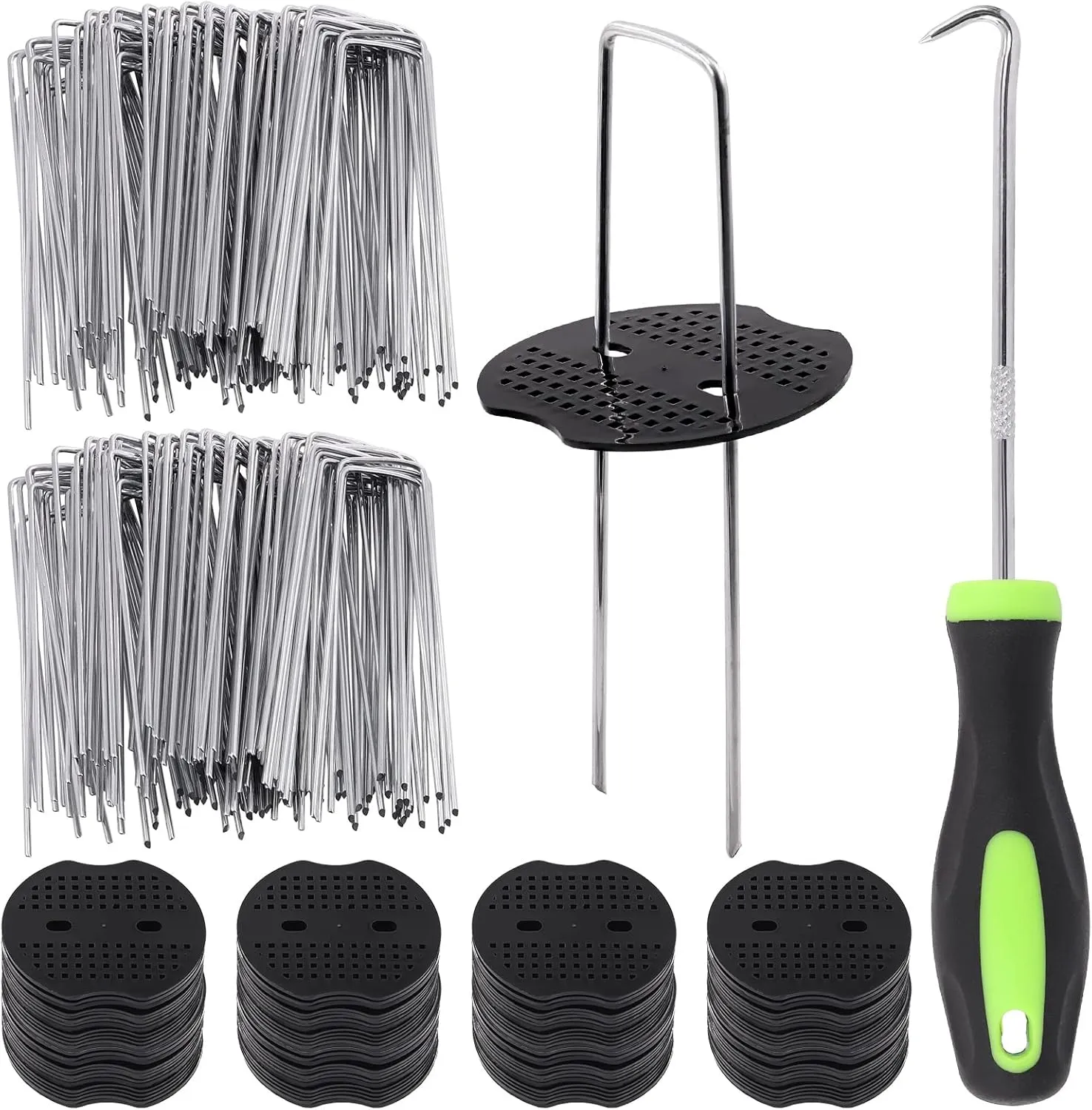 Glarks 201Pcs Garden Stakes Staples Kit, 100Pcs 6 Inch U-Shaped Landscape Staples, 100Pcs Fixing Gasket with 1Pc Pick Hook for Weed Barrier Fabric, Ground Cover, Holding Fence and Artificial Turf