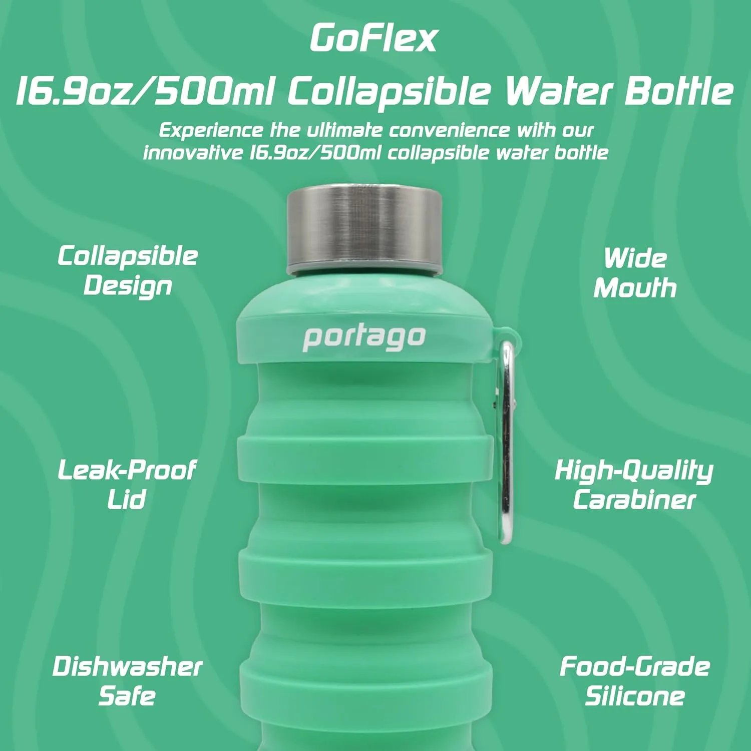 Goflex | 17 oz/500 ml, Collapsible Water Bottle for Travel, Hiking, Camping, Sports, Gym, and Fitness, BPA Free Silicone, Flexible and Leak Resistant, Portable Carabiner (Mint)