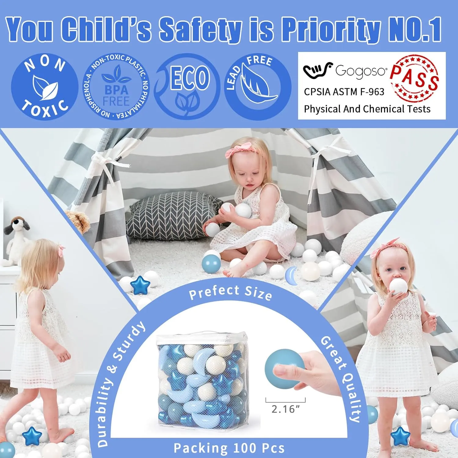 GOGOSO Ball Pit Balls Stars Moon Shapes Plastic Pitballs for Toddler Play Tent Baby Photo Props Kids Pool Water Toys Kiddie Pool Party Decor, Pearl Blue Cream Blue White,100PCS