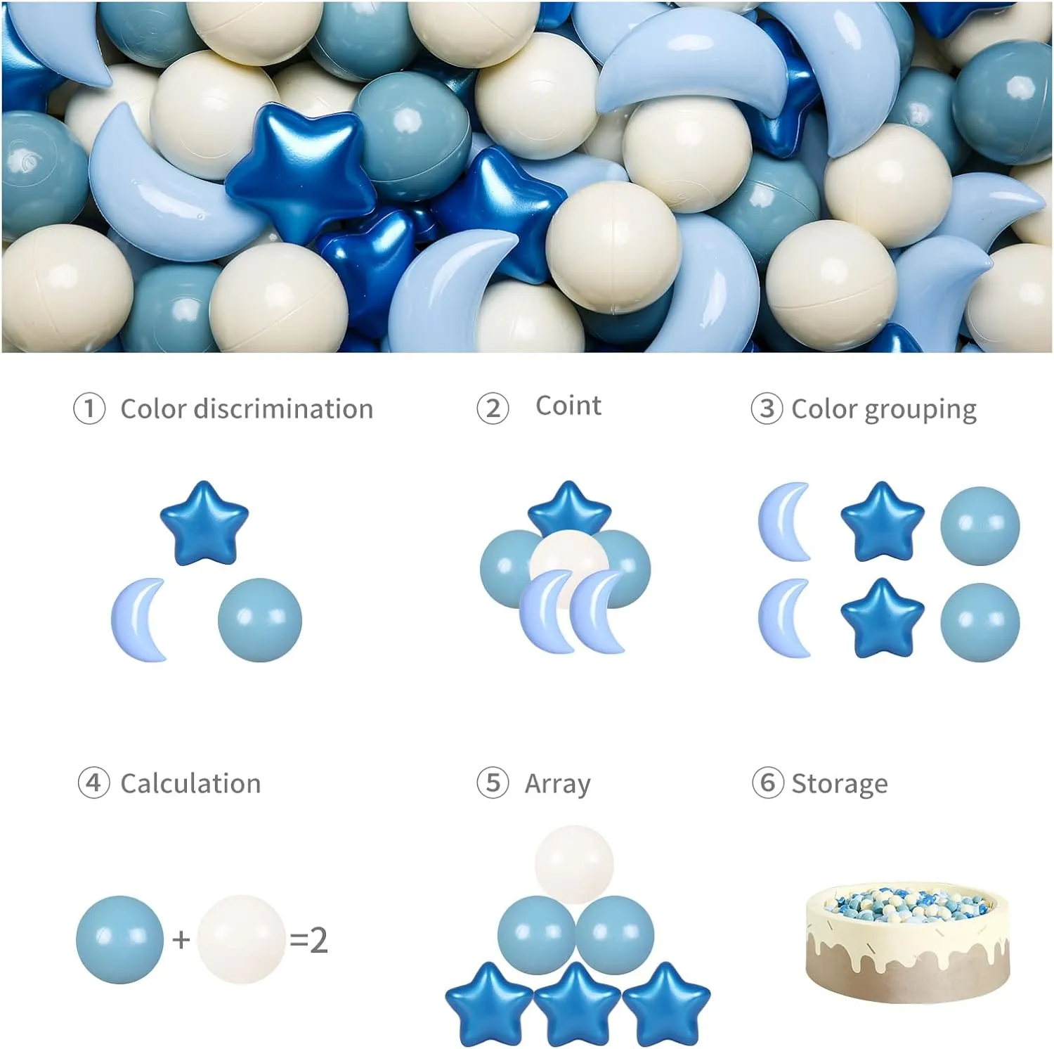 GOGOSO Ball Pit Balls Stars Moon Shapes Plastic Pitballs for Toddler Play Tent Baby Photo Props Kids Pool Water Toys Kiddie Pool Party Decor, Pearl Blue Cream Blue White,100PCS