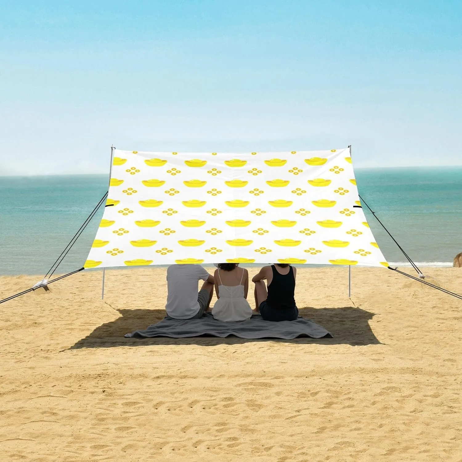Gold Ingots and Coins Beach Canopy Tent Anti-UV & Wind Resistant, Camping Sun Shelter Easy Setup Portable,Outdoor Shade Tents with Sandbags,Sand Shovels,Ground Pegs & Stability Poles
