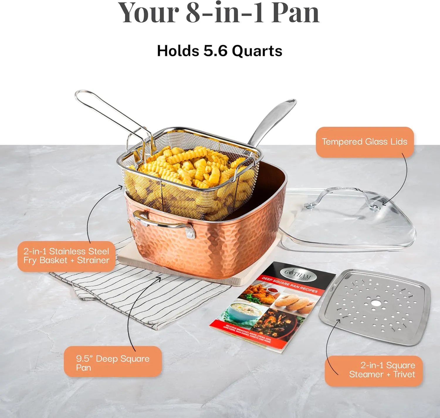Gotham Steel Nonstick Square Deep Frying Pan, 9.5” Large Cooking Pan with Ceramic Nonstick Coating, Deep Fryer Pot with Basket, 4 Pc Titanium Ceramic with Lid, Basket & Steamer Tray, Dishwasher Safe