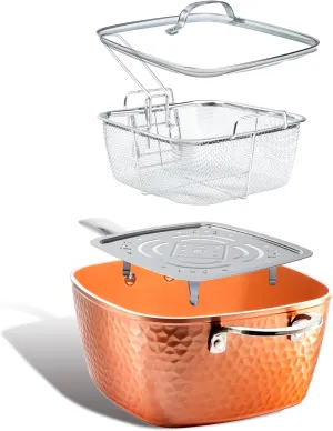 Gotham Steel Nonstick Square Deep Frying Pan, 9.5” Large Cooking Pan with Ceramic Nonstick Coating, Deep Fryer Pot with Basket, 4 Pc Titanium Ceramic with Lid, Basket & Steamer Tray, Dishwasher Safe