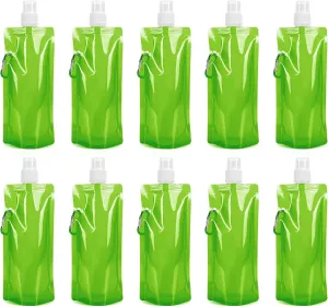 Green Collapsible Water Bottles Outdoor Portable Folding Water Tank Container Reusable Foldable Drinking Water Bags with Clip for Sports Biking Camping Hiking Travel, 10 Packs
