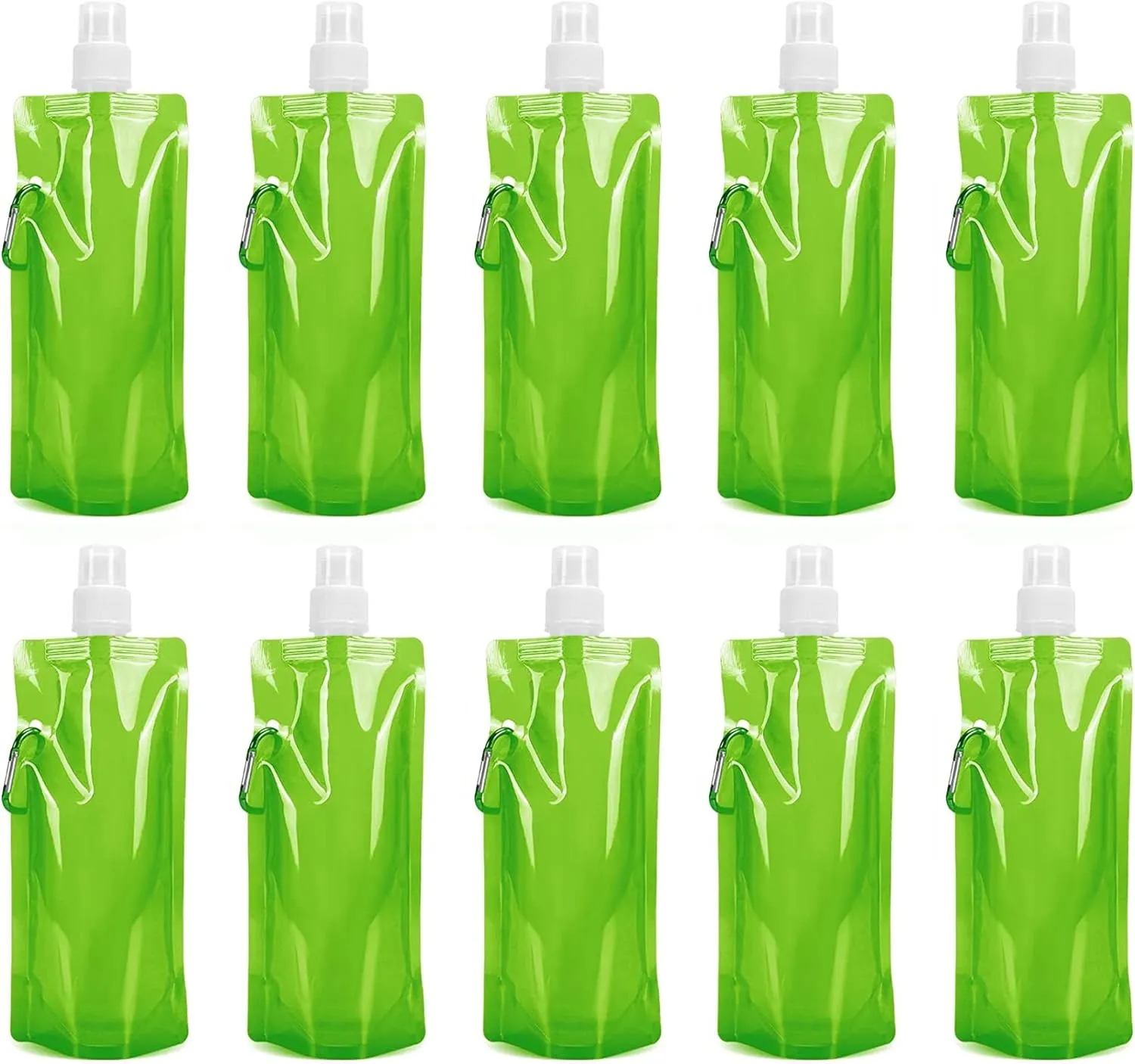 Green Collapsible Water Bottles Outdoor Portable Folding Water Tank Container Reusable Foldable Drinking Water Bags with Clip for Sports Biking Camping Hiking Travel, 10 Packs
