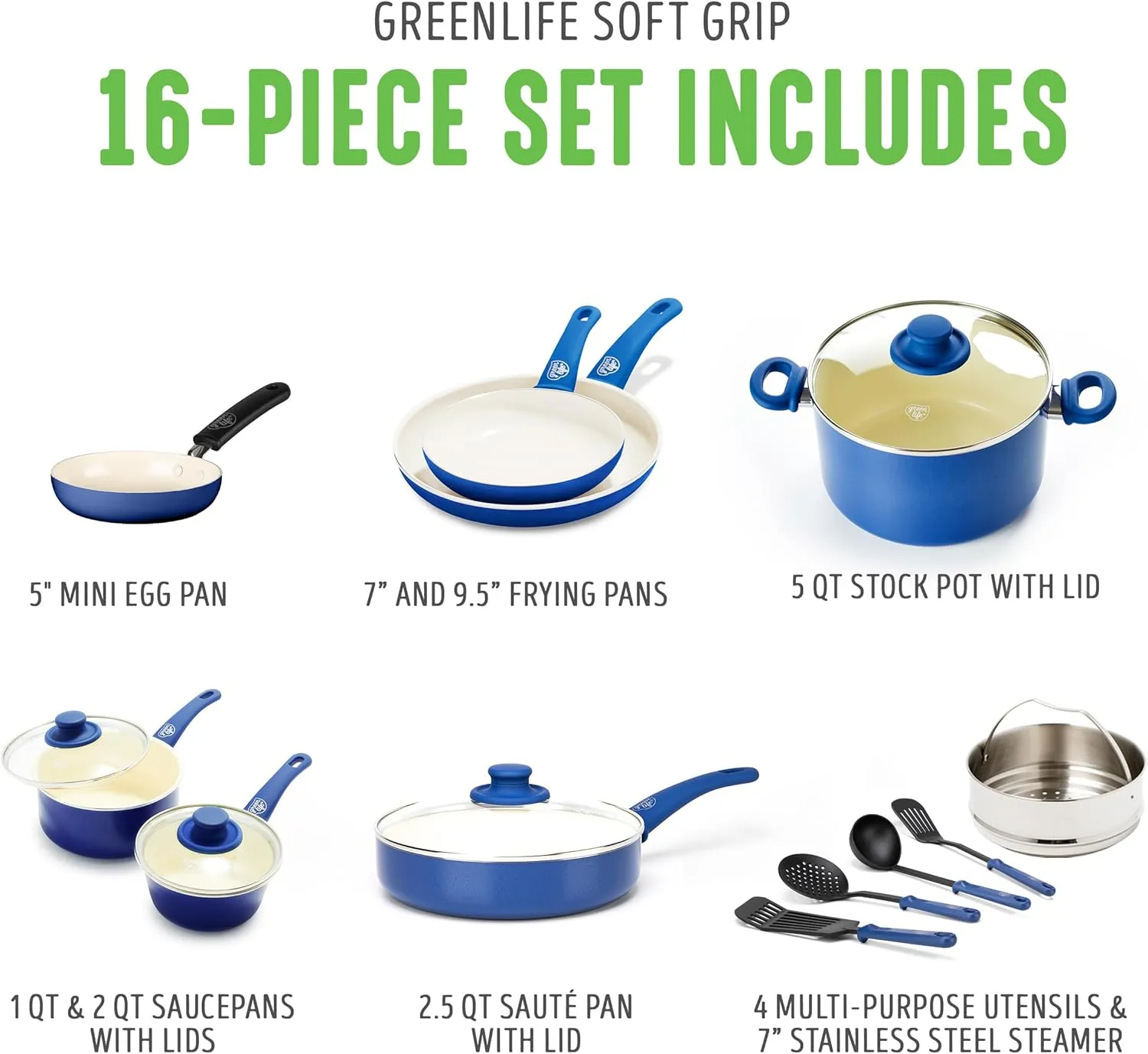 GreenLife Soft Grip 16 Piece Cookware Set, Non-Toxic PFAS-Free Ceramic Nonstick, Frying, Sauce, Saute, Utensils, Glass Lids, Stay-Cool Handles, Wobble Free, Dishwasher & Oven Safe, Blue