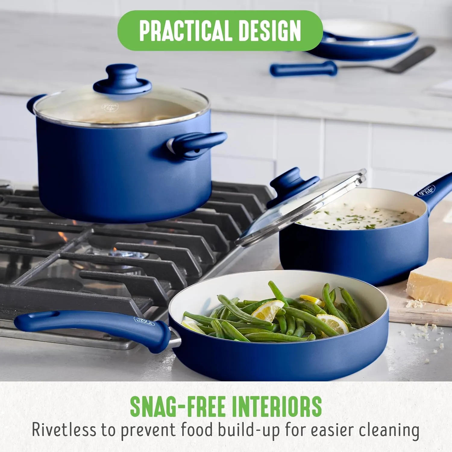 GreenLife Soft Grip 16 Piece Cookware Set, Non-Toxic PFAS-Free Ceramic Nonstick, Frying, Sauce, Saute, Utensils, Glass Lids, Stay-Cool Handles, Wobble Free, Dishwasher & Oven Safe, Blue