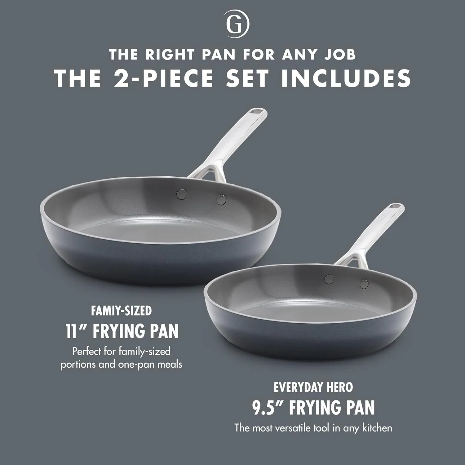 GreenPan GP5 Hard Anodized Healthy Ceramic Nonstick 9.5” & 11” 2 Piece Frying Pan Skillet Set,Heavy Gauge Scratch Resistant,Stay-Flat Surface, Induction, Mirror Finish Handle,Oven Safe,PFAS-Free,Slate