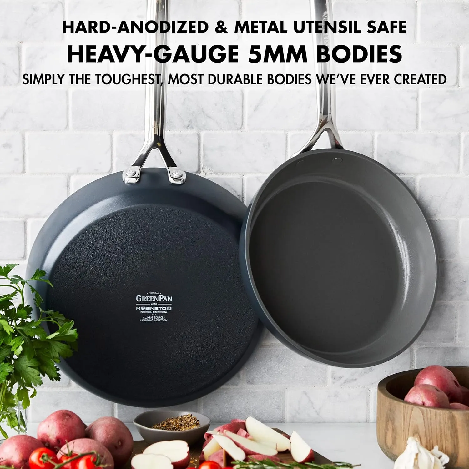 GreenPan GP5 Hard Anodized Healthy Ceramic Nonstick 9.5” & 11” 2 Piece Frying Pan Skillet Set,Heavy Gauge Scratch Resistant,Stay-Flat Surface, Induction, Mirror Finish Handle,Oven Safe,PFAS-Free,Slate