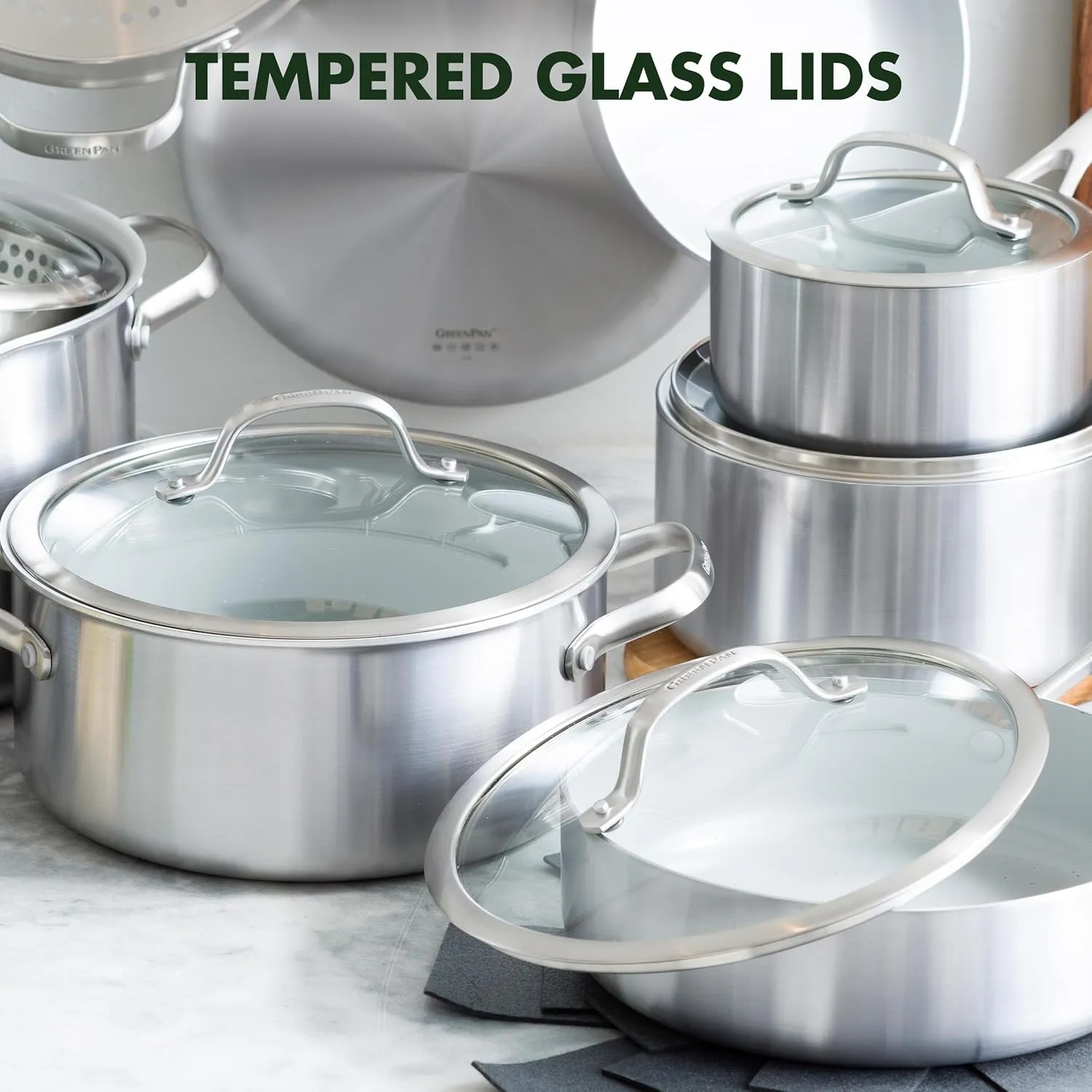 GreenPan Venice Pro Tri-Ply Stainless Steel Healthy Ceramic Nonstick 13 Piece Cookware Pots and Pans Set, PFAS-Free, Multi Clad, Induction, Dishwasher Safe, Oven Safe, Silver