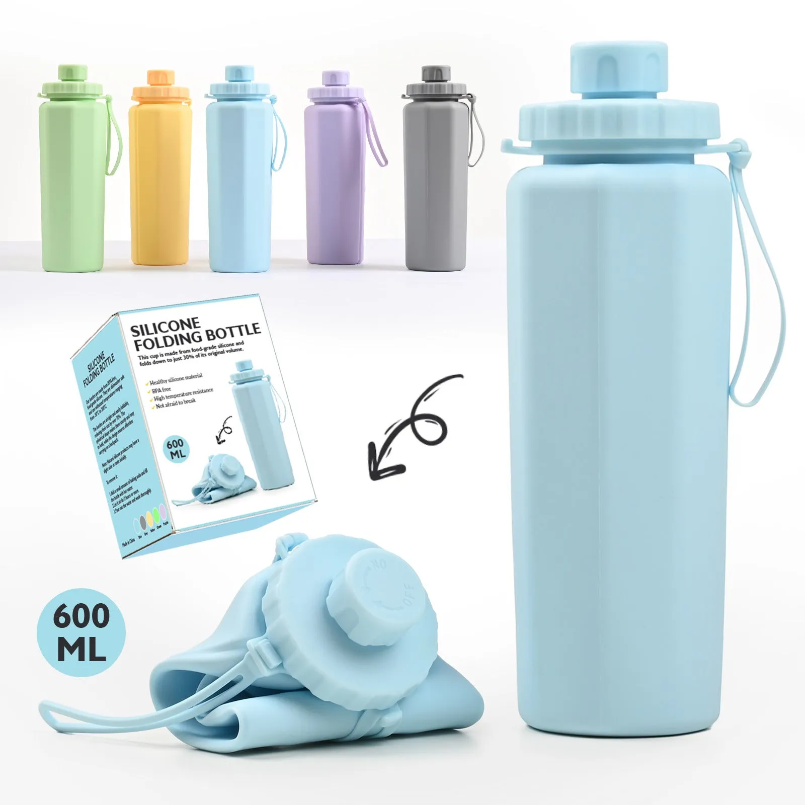 Grey 600ml Silicone Collapsible Water Bottle