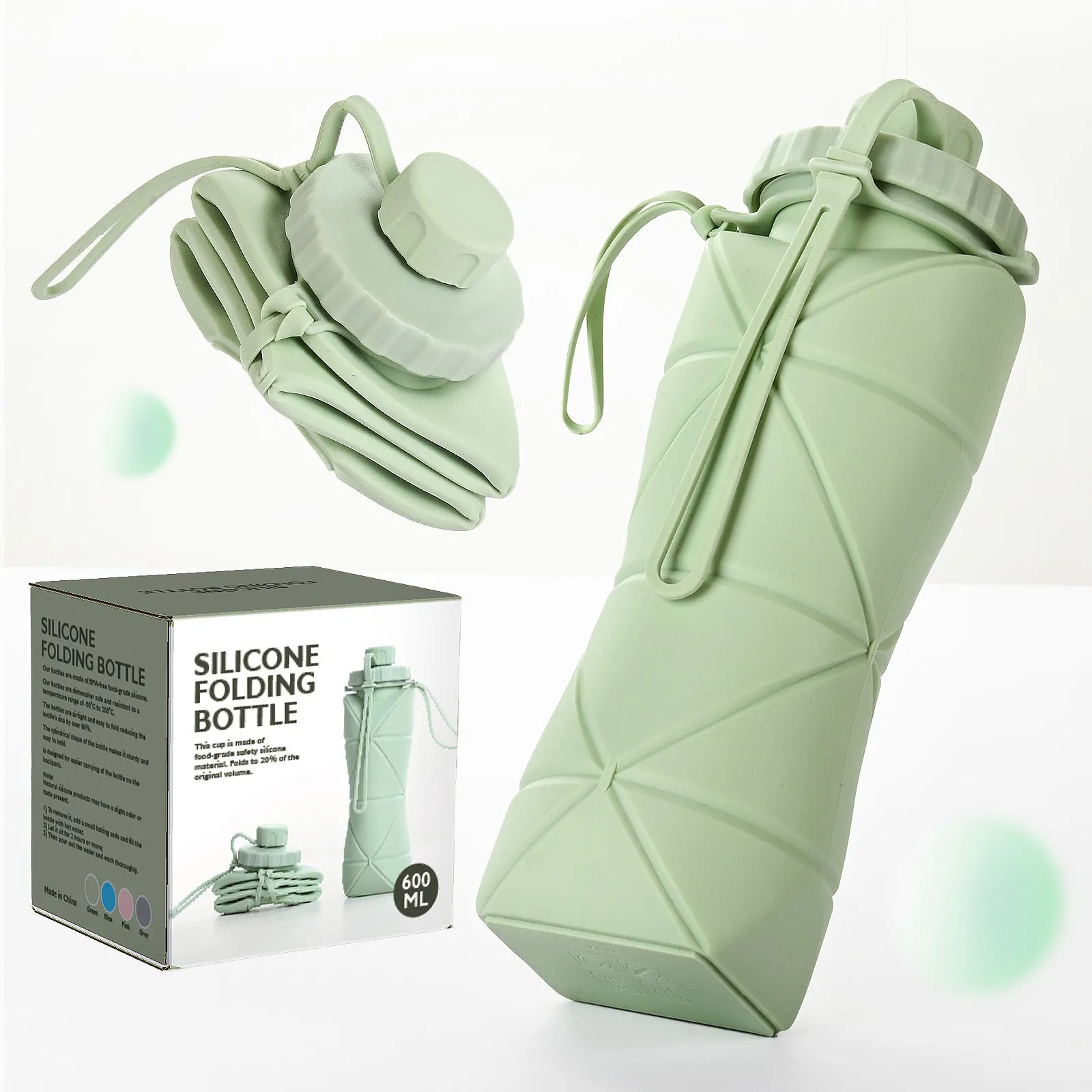Grey 600ml Silicone Folding Water Bottle - Eco-Friendly Collapsible Travel Bottle