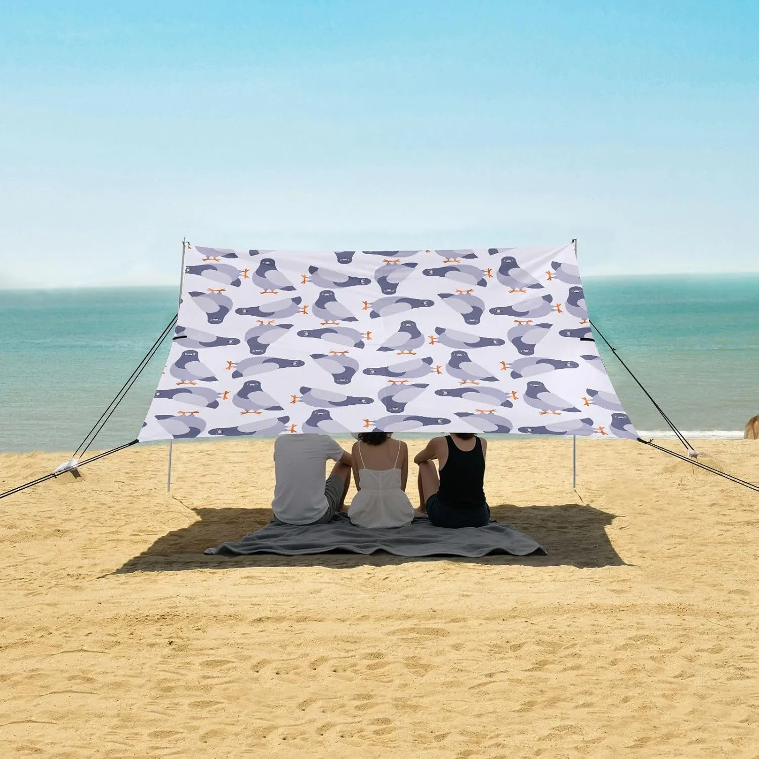Grey Dove Cute Cartoon Beach Canopy Tent Anti-UV & Wind Resistant, Camping Sun Shelter Easy Setup Portable,Outdoor Shade Tents with Sandbags,Sand Shovels,Ground Pegs & Stability Poles