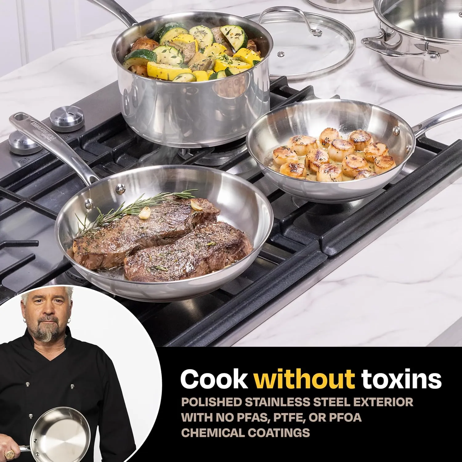 Guy Fieri's Flavortown 10-Piece Stainless Steel Cookware Set - Includes Frying Pans, Saucepans, Saute Pan and Stock Pot - Non-Toxic, Oven-Safe up to 500°F