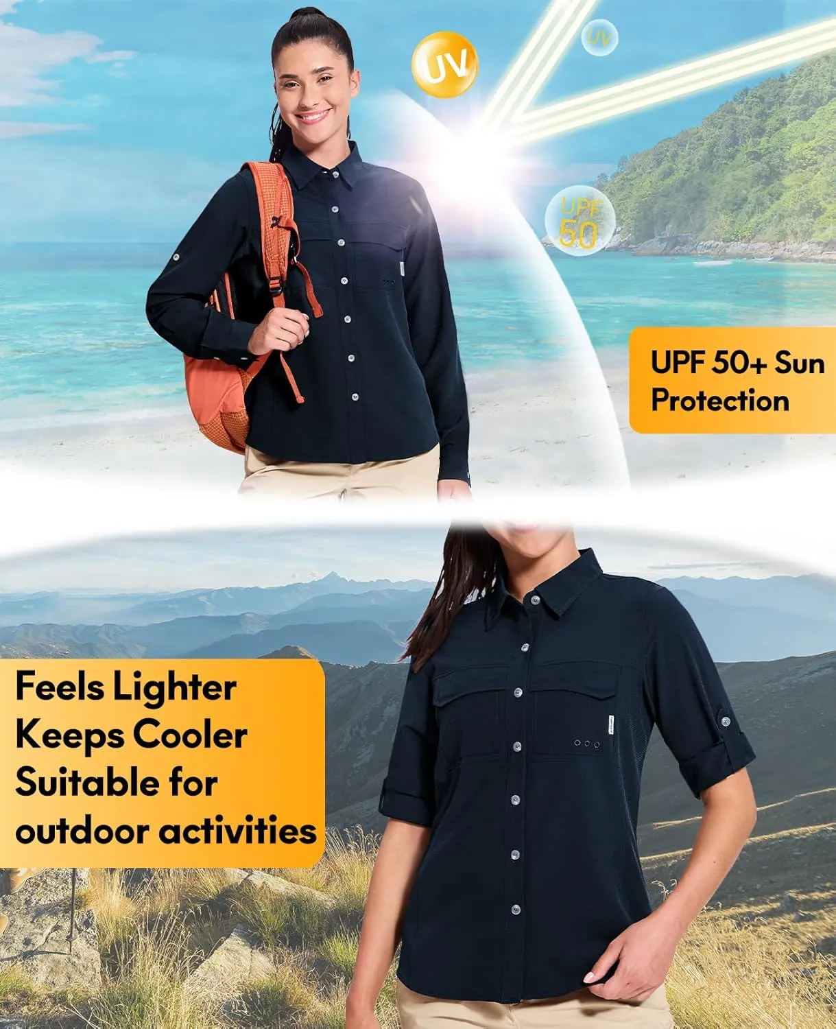 Haimont Women's Travel Hiking Fishing Button Down Shirt, UPF 50  UV Long Sleeve Sun Shirts for Outdoor Camping Sailing