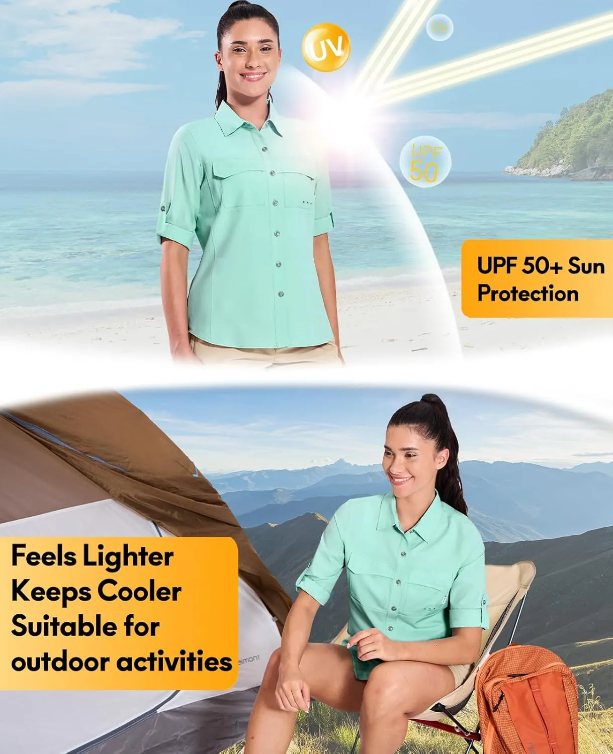 Haimont Women's Travel Hiking Fishing Button Down Shirt, UPF 50  UV Long Sleeve Sun Shirts for Outdoor Camping Sailing