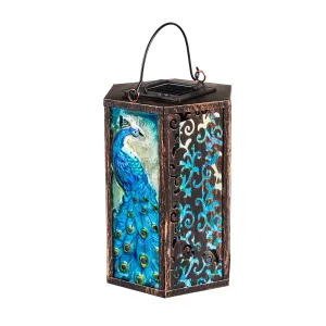 Handpainted Embossed Glass and Metal Solar Lantern, Peacock,5.91"x5.31"x8.27"inches