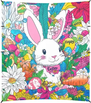 Happy Easter Bunny Carrots Lily Daisy Egg 1 Foldable Beach Canopy UPF50 Waterproof Large Sun Shade with Sand Shovel, Sandbags for Camping Trips, Fishing, Backyard Fun or Picnics