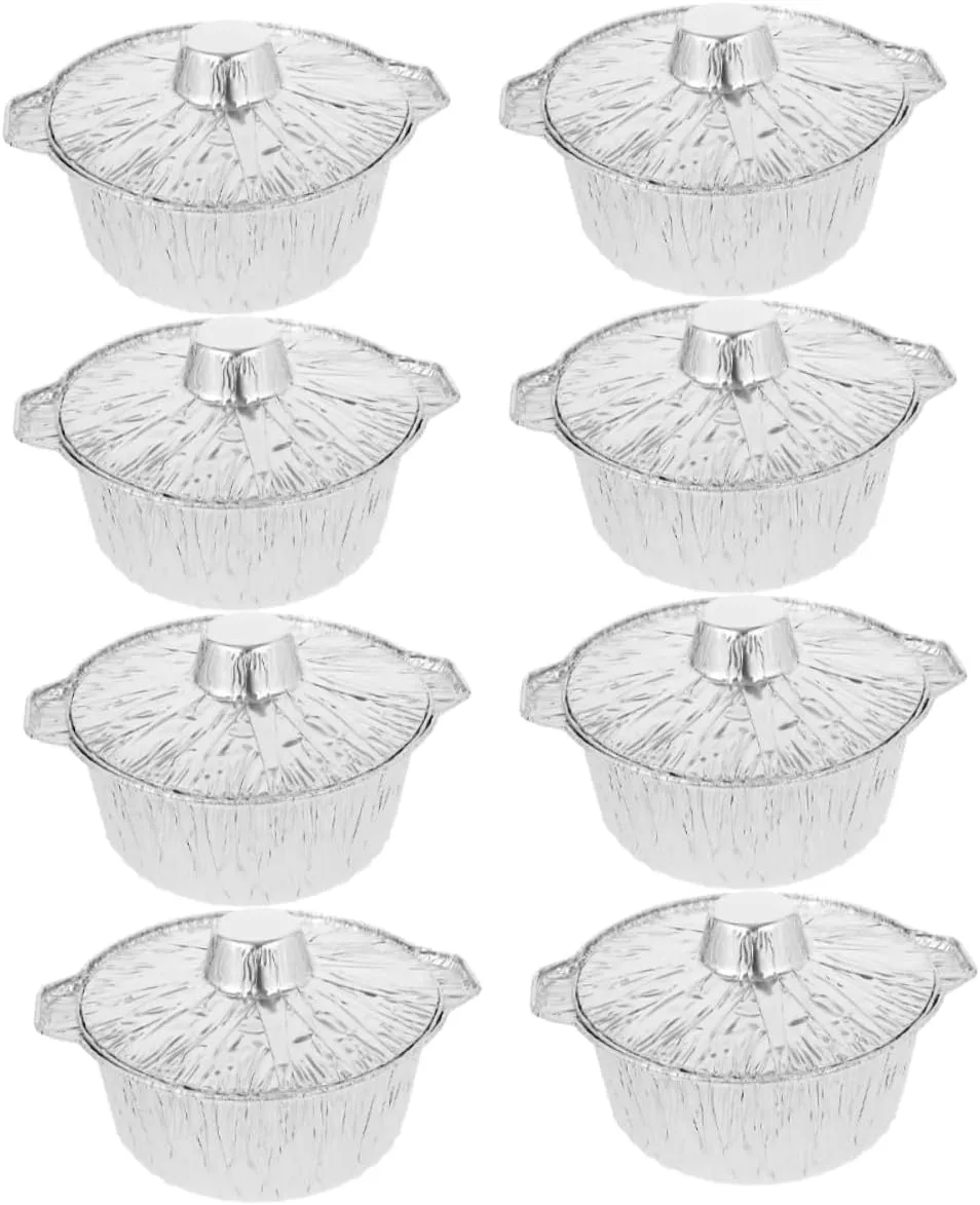 Happyyami Lightweight Aluminum Barbecue Pan 8pcs Aluminum Foil Pots Lids Camping Pot Disposable for Cooking
