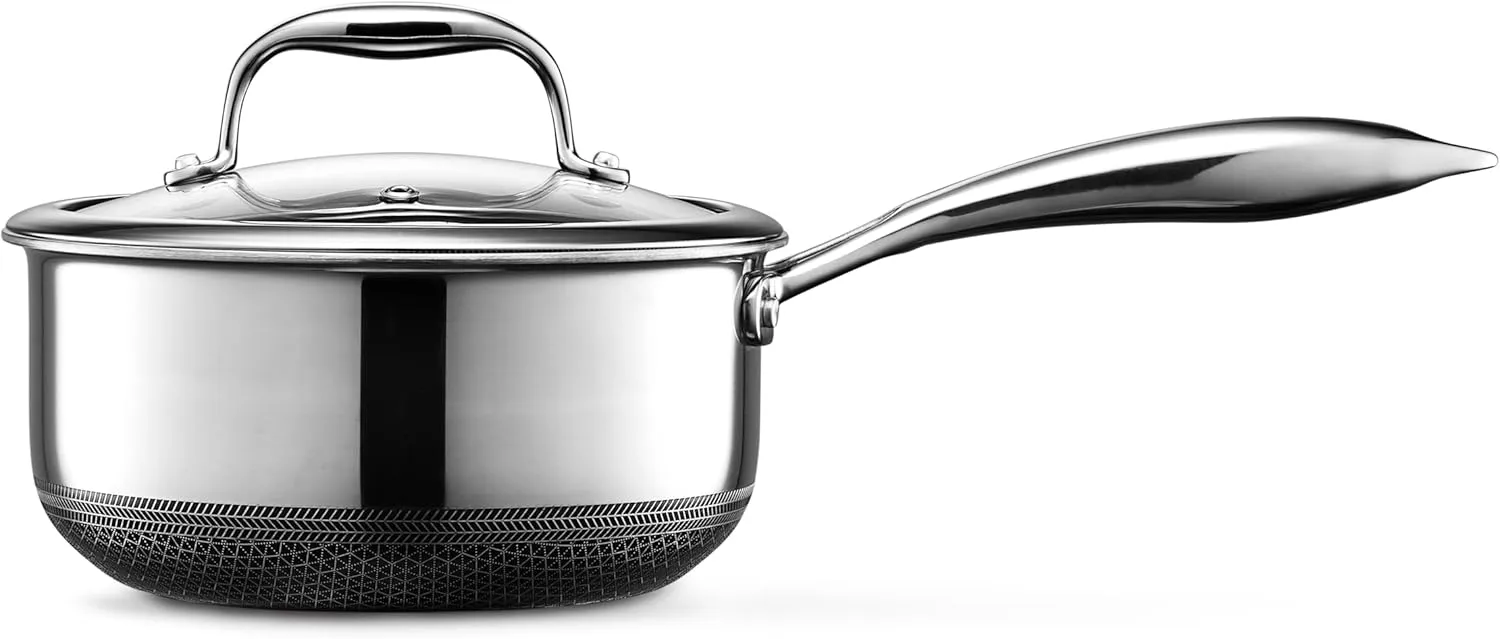 HexClad Hybrid Nonstick 2-Quart Saucepan with Tempered Glass Lid, Stay-Cool Handle, Dishwasher-Friendly, Oven-Safe Up to 900°F, Induction-Ready, Compatible with All Cooktops