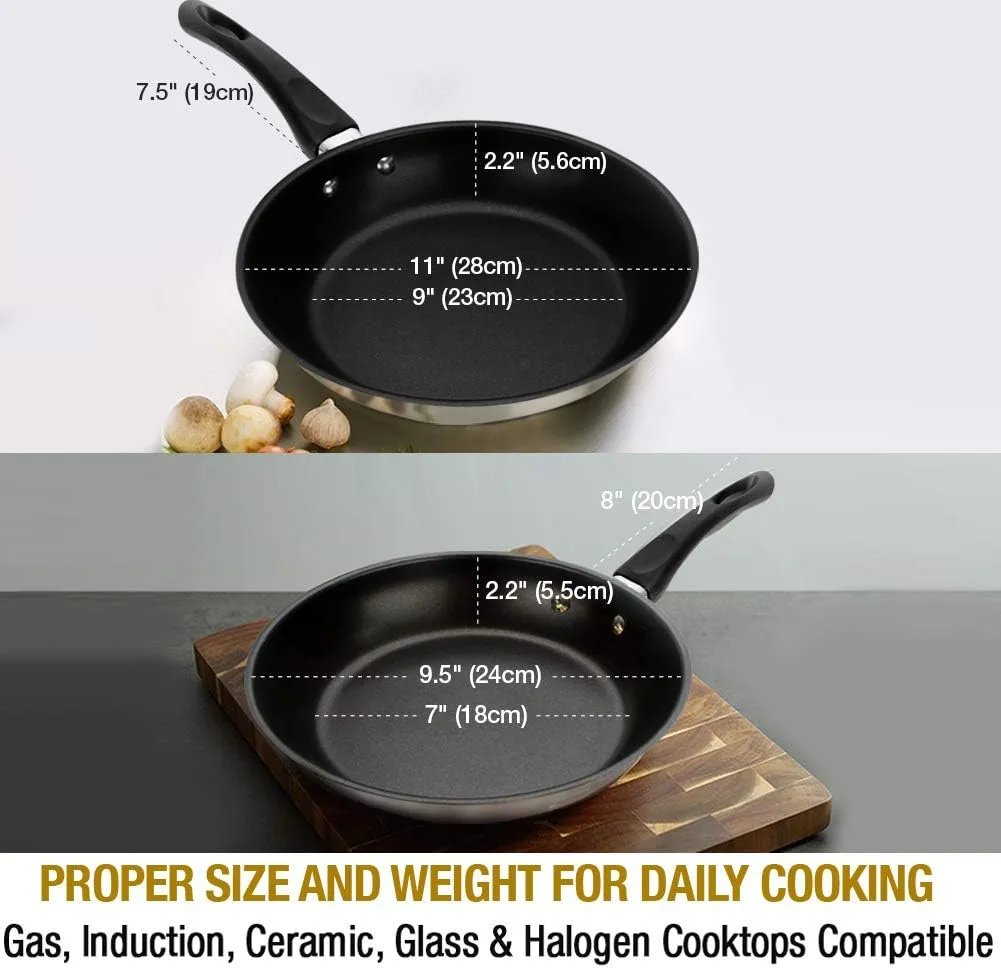 HOMICHEF 9.5 Inch and 11 Inch Set of 2 Nonstick Frying Pans Glass Lids Nickel Free Stainless Steel - 9.5 Inches and 11 Inches 2-Piece Fry Pan Set Nonstick Clear Vented Glass Lids Induction Compatible