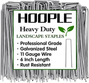 HOOPLE 100 Pack 6 Inch 11 Gauge Galvanized Landscape Staples,Stakes for Outdoor Decorations, Anti-Rust Staples for Weed Barrier Fabric, U-Shaped Tent Stakes (100)