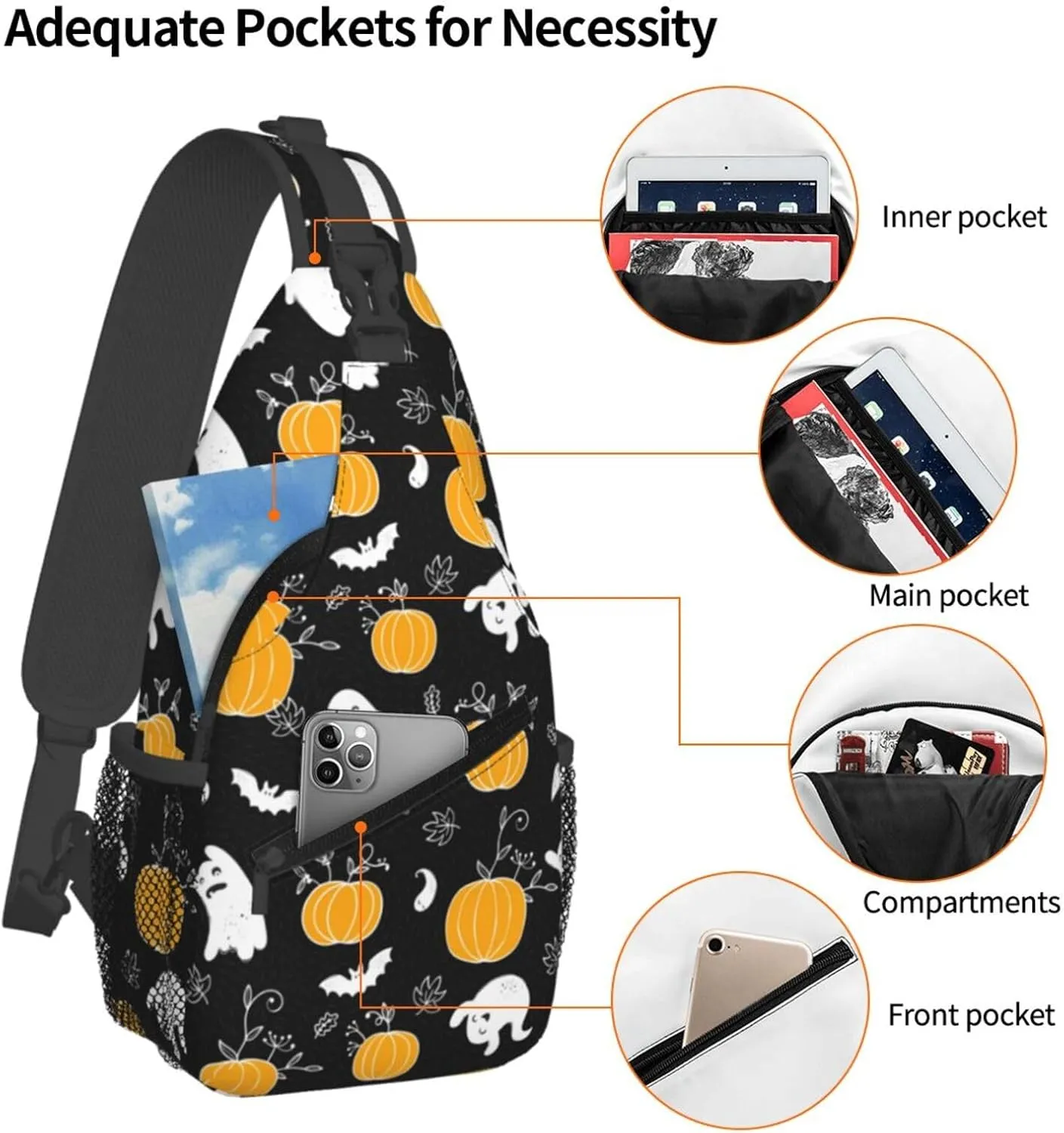 Horror Halloween Sling Backpack,Cute Ghost Pumpkin Crossbody Shoulder Backpack Adjustable Sling Bag for Men Women