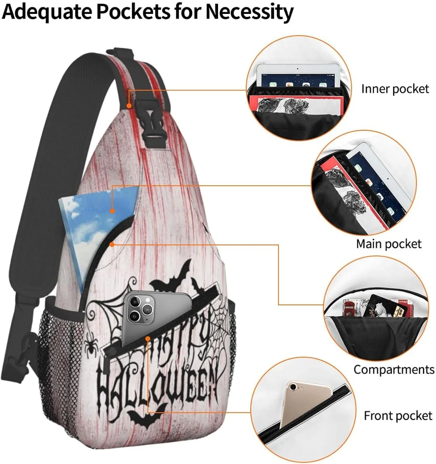 Horror Halloween Sling Backpack,Cute Ghost Pumpkin Crossbody Shoulder Backpack Adjustable Sling Bag for Men Women