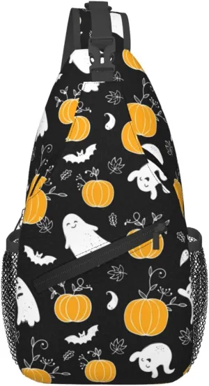 Horror Halloween Sling Backpack,Cute Ghost Pumpkin Crossbody Shoulder Backpack Adjustable Sling Bag for Men Women