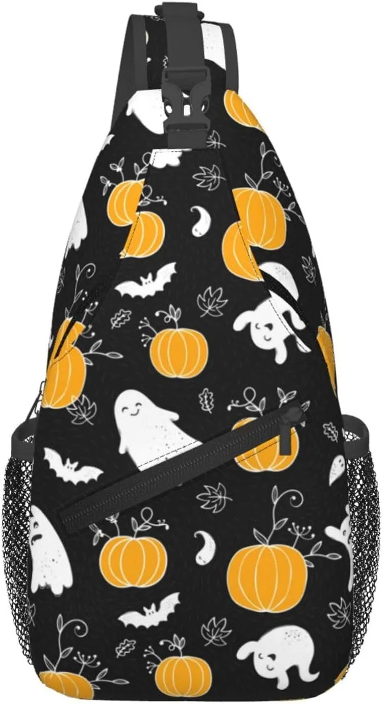Horror Halloween Sling Backpack,Cute Ghost Pumpkin Crossbody Shoulder Backpack Adjustable Sling Bag for Men Women