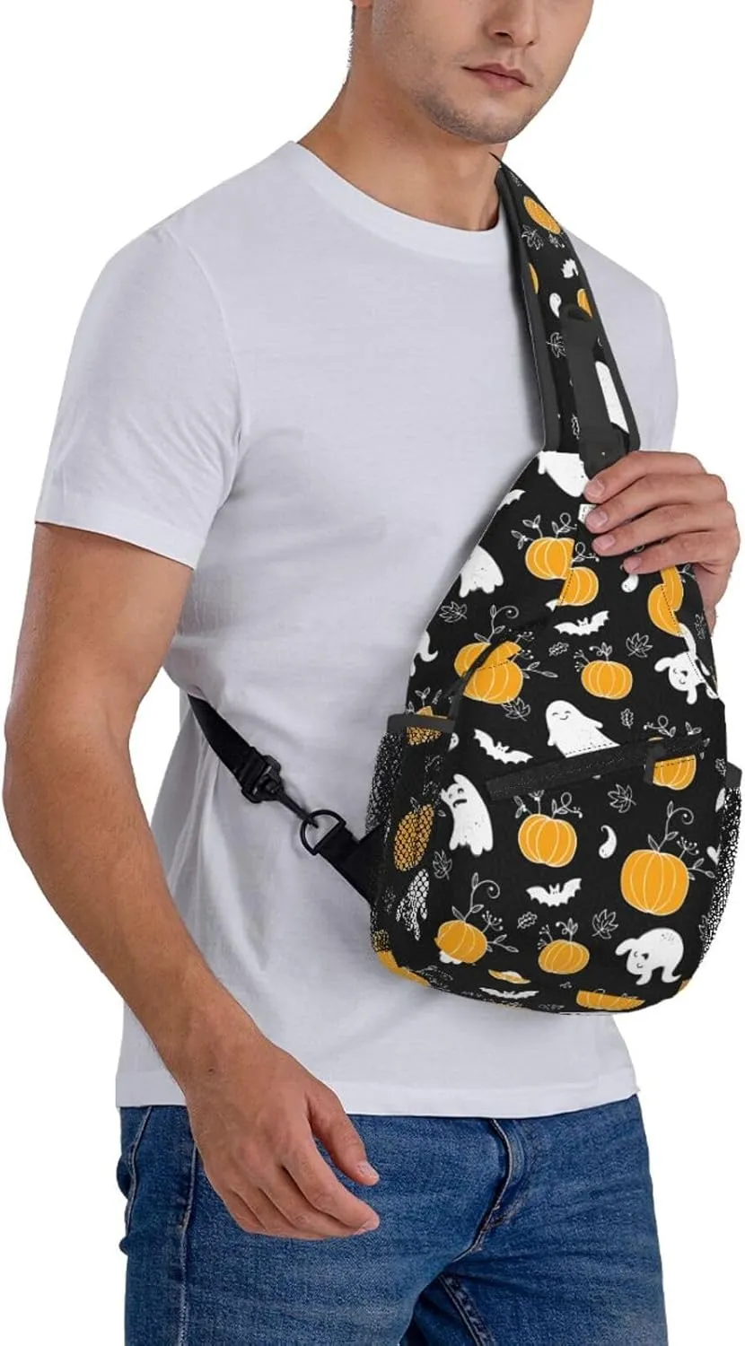 Horror Halloween Sling Backpack,Cute Ghost Pumpkin Crossbody Shoulder Backpack Adjustable Sling Bag for Men Women